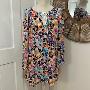 Anne Cole Tunic Swim Cover Up M/L Colorful Resort Beach Boho Floral Bell‎ Sleeve